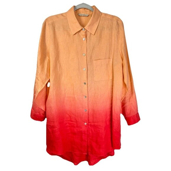 Soft Surroundings 100% Linen Ombre Tunic Top Sz Large Orange Shirt Dress Button - Picture 2 of 8